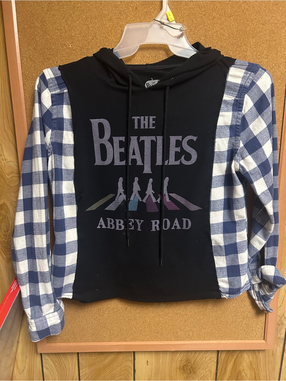 The Beatles Black Hoodie with Blue Plaid Sleeves handmade could be a small too